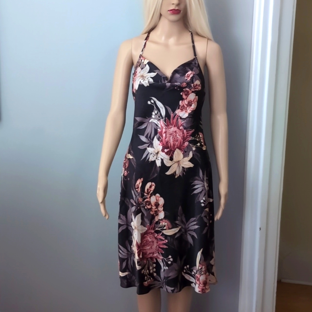 MIDNIGHT BAKERY Chemise. Slip Dress. Black Floral. Size S